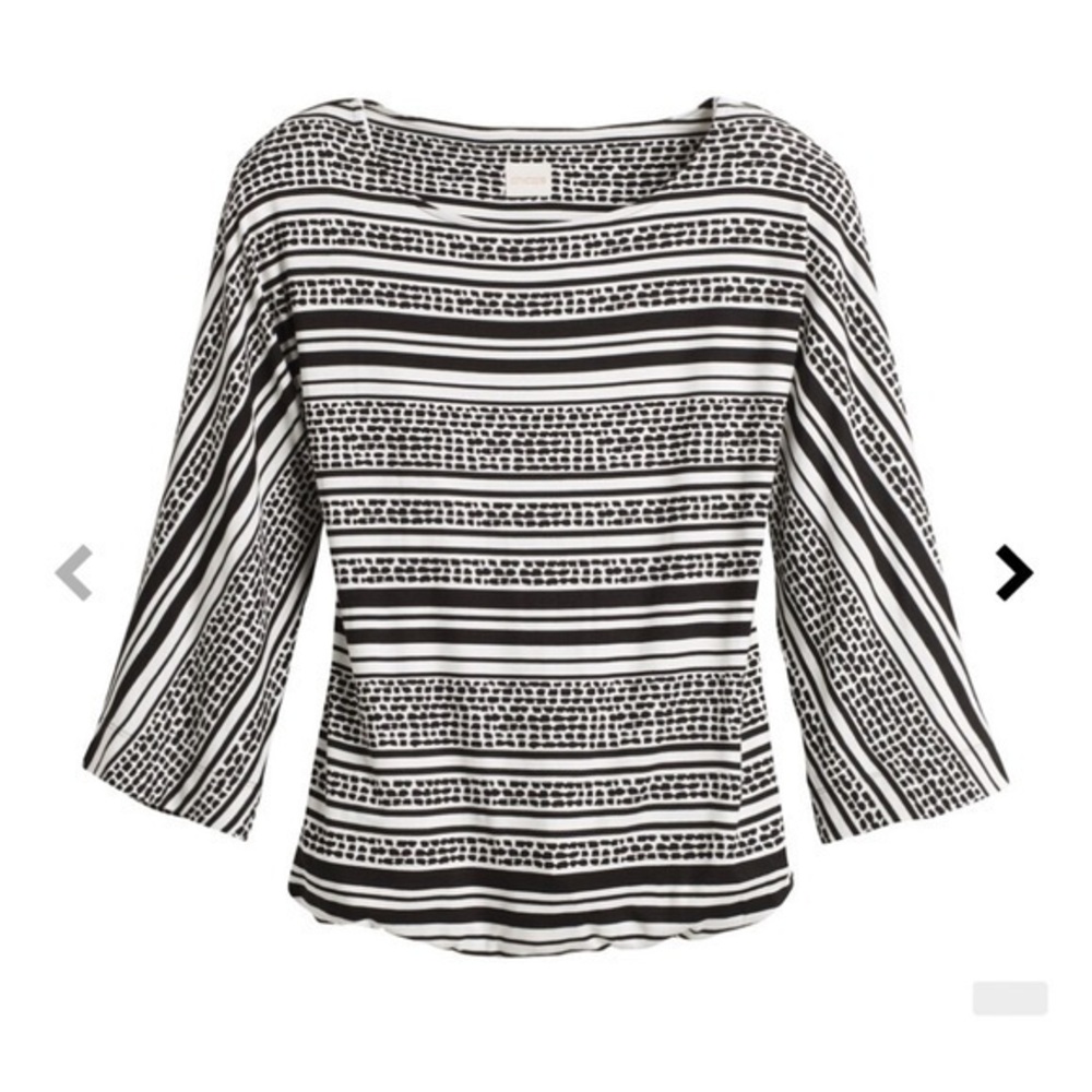 Chico's Mod Lines Blouse Top Rayon Spandex Black White Dolman Sleeves 2/L/12